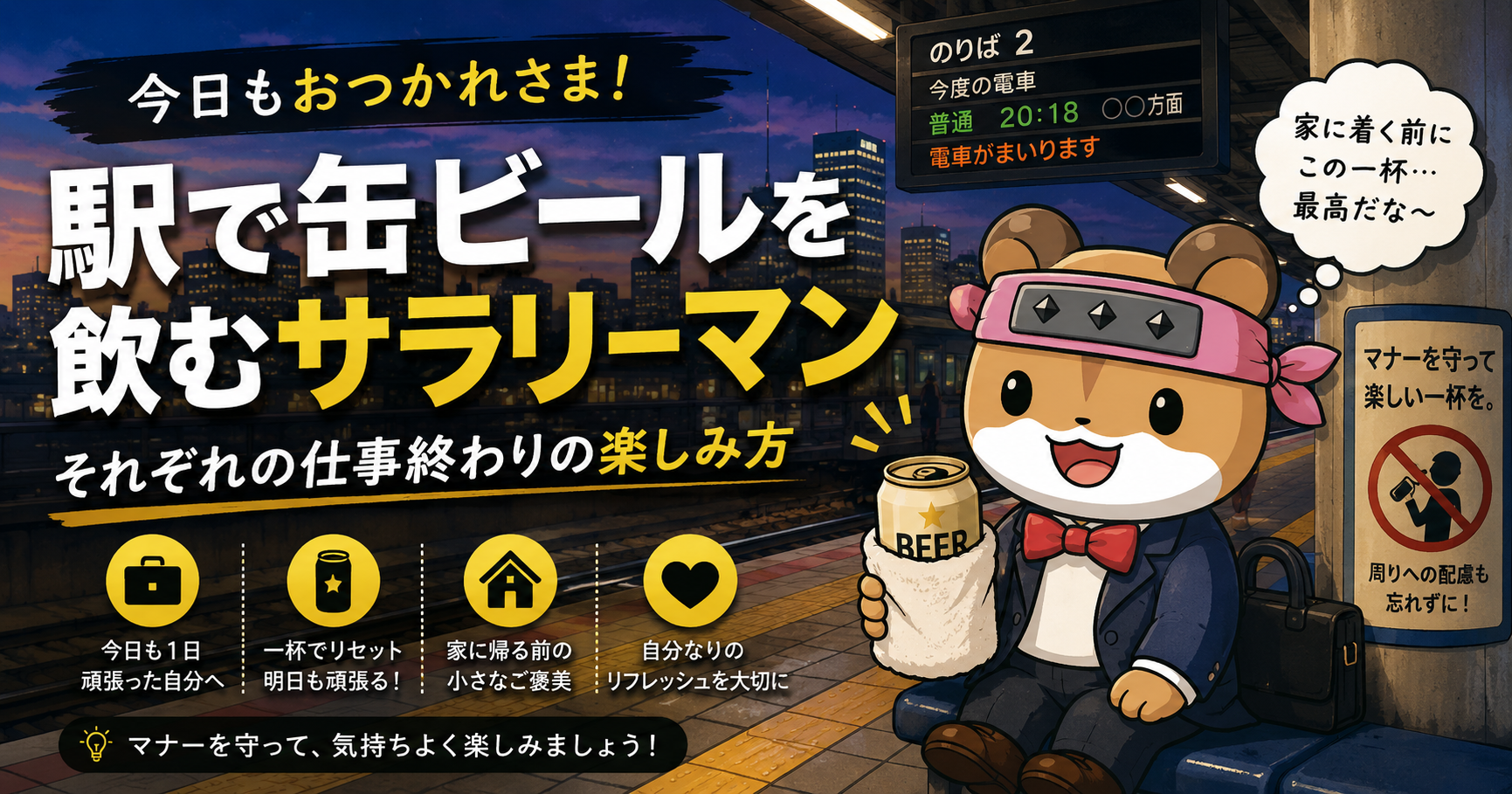 駅で缶ビールを飲むサラリーマン